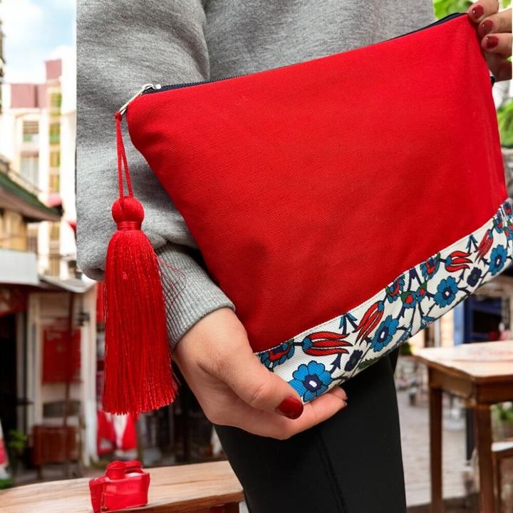 Image du produit Atölye No:35 Kulturtasche Damen, Kosmetiktasche Rot, Ethnisches Muster, 32x24 cm