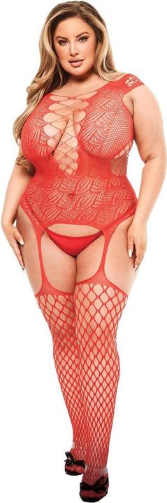 Baci XGEN Corset Front Suspender Fishnet Bodystocking - Red - Q (UK Size 14-20) - Passionate and Provocat (14, 15, 16, 17, 18, 19, 20)