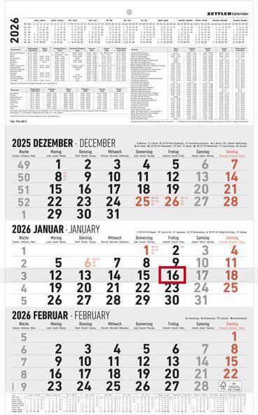 Actual product image 3-Monatskalender gross 2026 - Büro-Kalender 30x48,8 cm (geöffnet) - mit Datumsschieber - - (German, Italian, French, English)