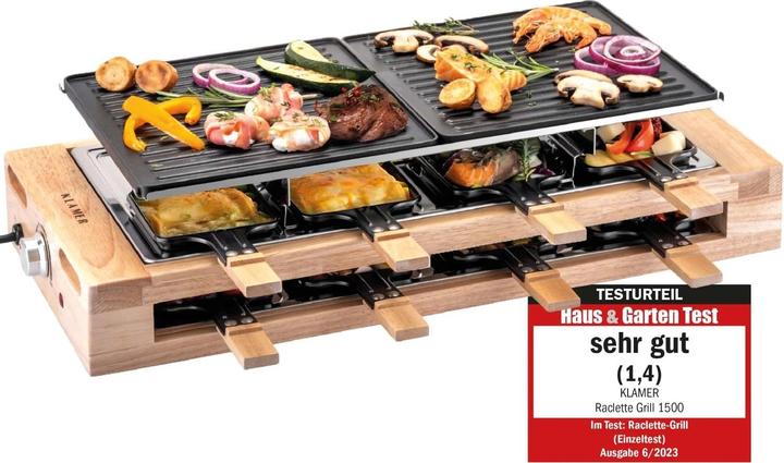 Actual product image KLAMER Raclette 8 Personen 1500W Raclette Grill mit Holzgestell
