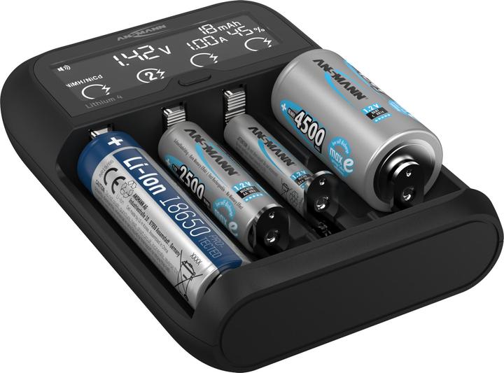 Produktbild Ansmann Lithium/NiMH-Ladegerät Lithium 4 (1 Stk., 10340, 10350, 10440, 10500, 12500, 12650, 13500, 13650, 14500, 14650, 16340, 16650, 17335, 17355, 17500, 17650, 17670, 18350, 18490, 18500, 18650, 18700, 20650, 21700, 22650, Akku)