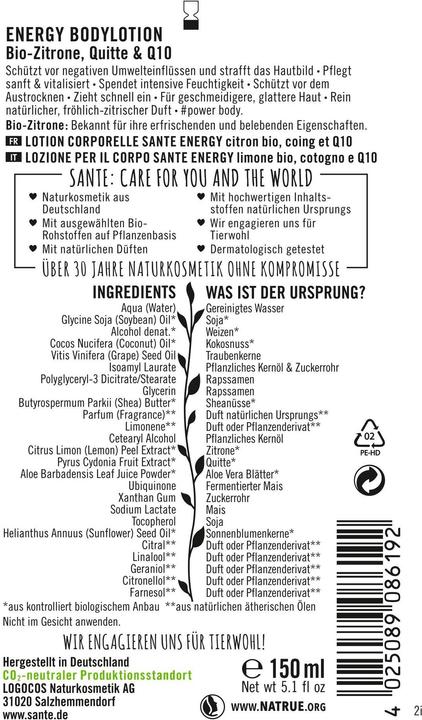 Immagine prodotto Sante Lozione per il corpo Energy Organic Lemon & Quince & Q10 (Crema corpo, 150 ml)