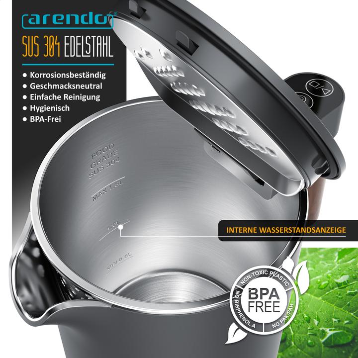 Produktbild Arendo Wasserkocher 1,5 L Edelstahl, Temperatureinstellung, Warmhaltefunktion, Griff in Holzoptik, 2200 W (1.50 l)