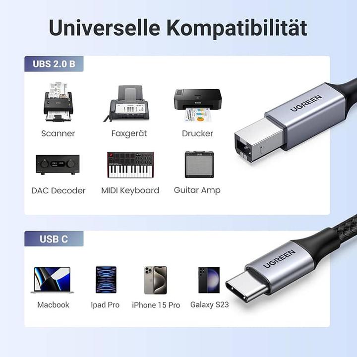 Produktbild Ugreen – USB-C auf USB-B 2.0 Druckerkabel – Alugehäuse 1 m (US370 / 80805), schwarz/grau (1 m, USB 2.0)