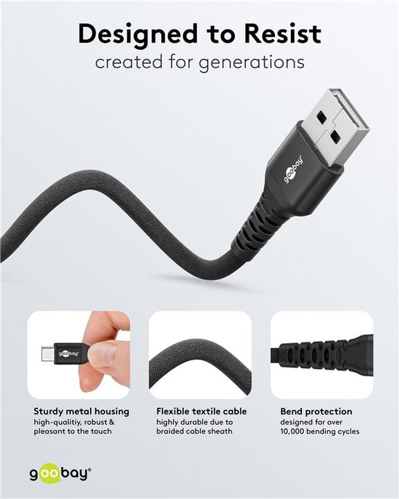 Actual product image Goobay USB-C Supersoft textile cable with metal plugs, 2 m, black (2 m, USB 2.0)