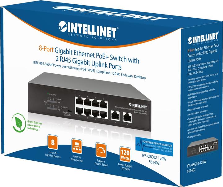 Produktbild Intellinet 8-Port Gigabit Ethernet PoE+ Switch mit 2 RJ45 Gigabit Uplink-Ports (10 Ports)