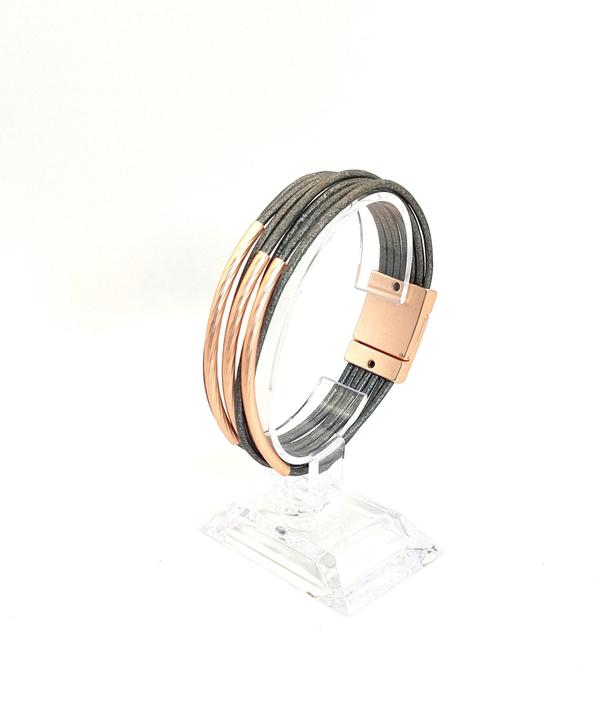 Image du produit Signé Signè bracelet avec fermeture magnétique cuir gris foncé éléments doré rose No.13 (19.40 cm, Métal, Laiton, sans plomb, Sans cadmium, Sans nickel)