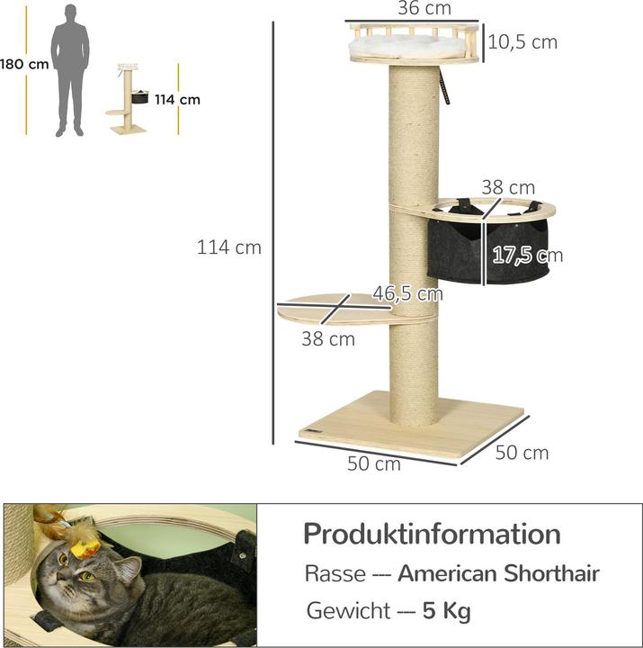 Actual product image PawHut Cat tree with hammock and viewing platform (114 cm, Nature)