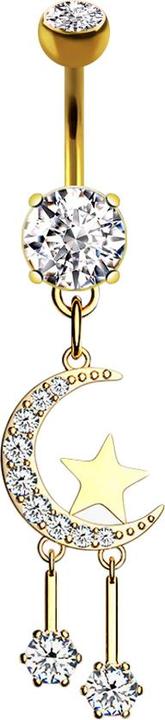 Actual product image Star Piercing Banana 14k gold-plated with two spheres crystal silver pendant moon and stars (Surgical steel 316L, Brass)