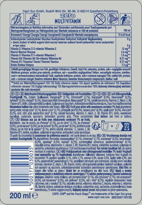 Nutritional values and ingredients Capri-Sun Multivitamin Zero (10 x 20 cl)
