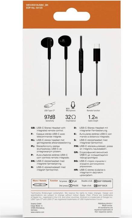 Actual product image Vivanco USB-C Capsule in-ear stereo headset, black, wired incl. remote control (Cable)
