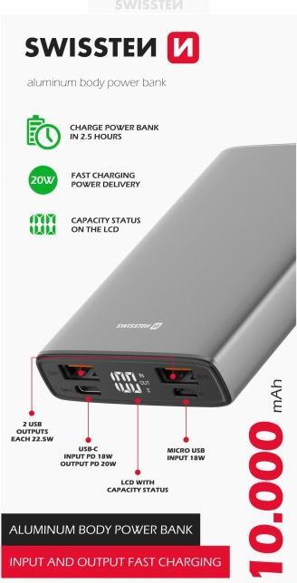 Produktbild Swissten Aluminium POWER BANK 10000 mAh 20W Power Delivery GREY (10000 mAh, 22.50 W, 22.50 Wh)