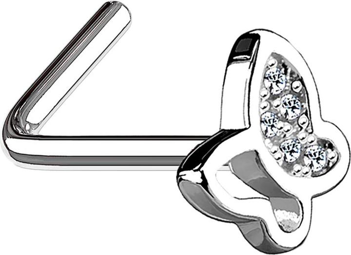 Star Piercing Nasenstecker gewinkelt silber mit Schmetterling und Kristall (Chirurgenstahl 316L, Messing)