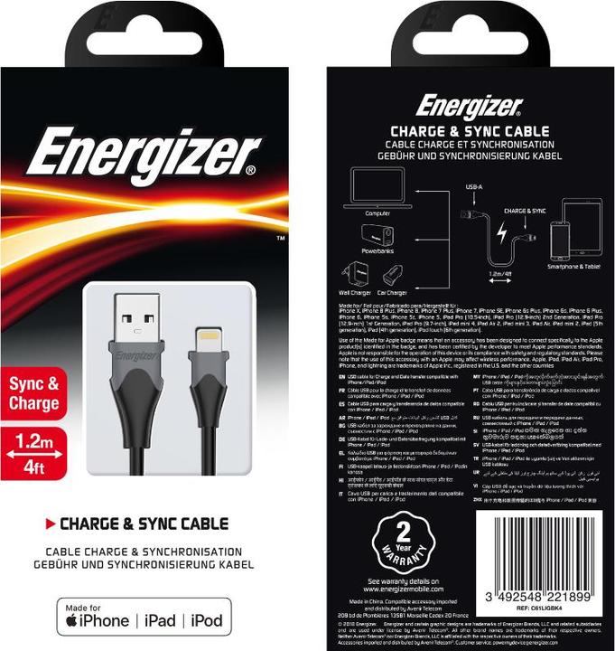 Produktbild Energizer Classic Kabel lightning bicolor 1.2m schwarz (1.20 m, USB 1.0)