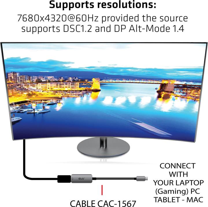 Actual product image Club 3D Adapter USB Type C - DisplayPort 1.4 (DP, 22 cm)