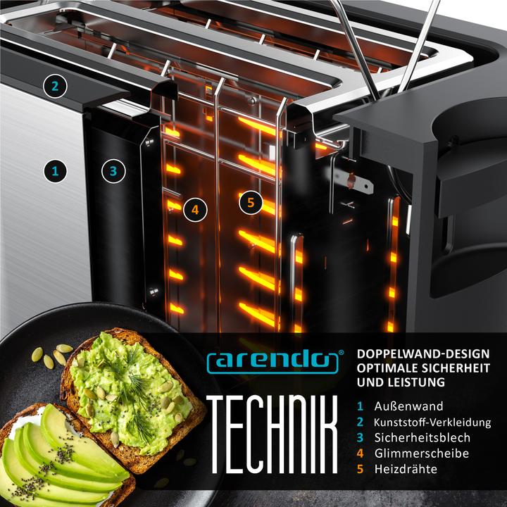 Produktbild Arendo Toaster Edelstahl 2 Scheiben Kurzschlitz, Brötchenaufsatz, Touchpanel, Display mit Restzeitanzeige