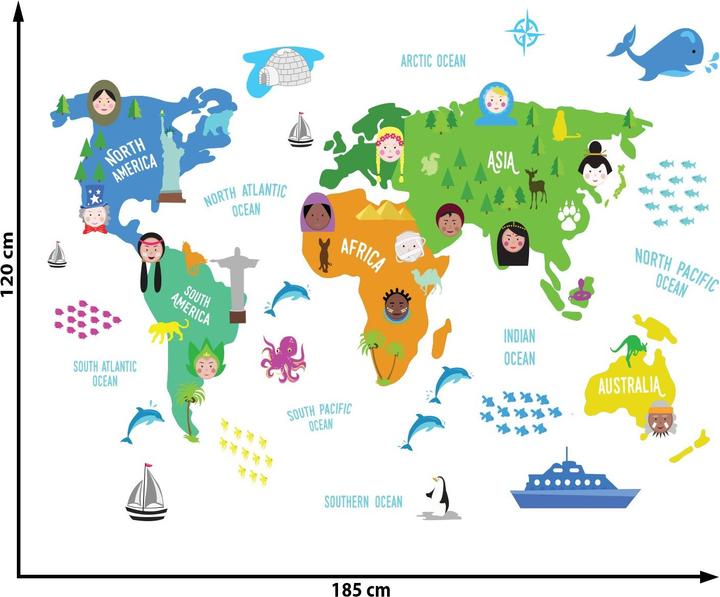 Walplus Mappa del mondo da vivaio colorata (180 x 90 cm)