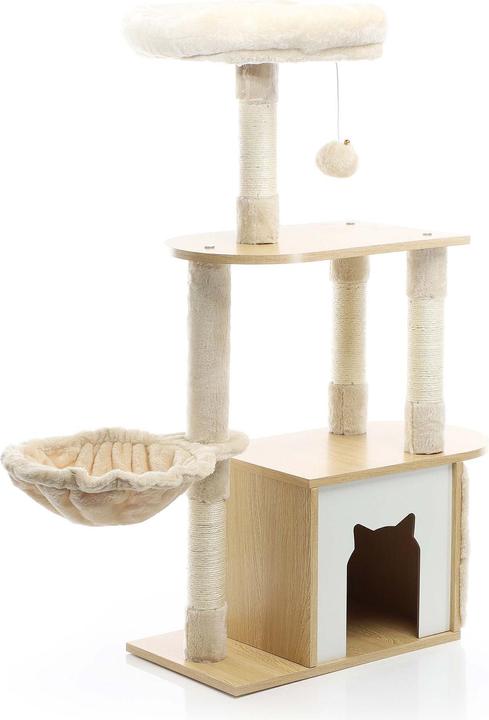 Actual product image Fudajo Cat Tree Wooden Beige 106cm Scratching Post with Cat House Sisal Scratching Trunks and Divans (106 cm, Wood, Beige)