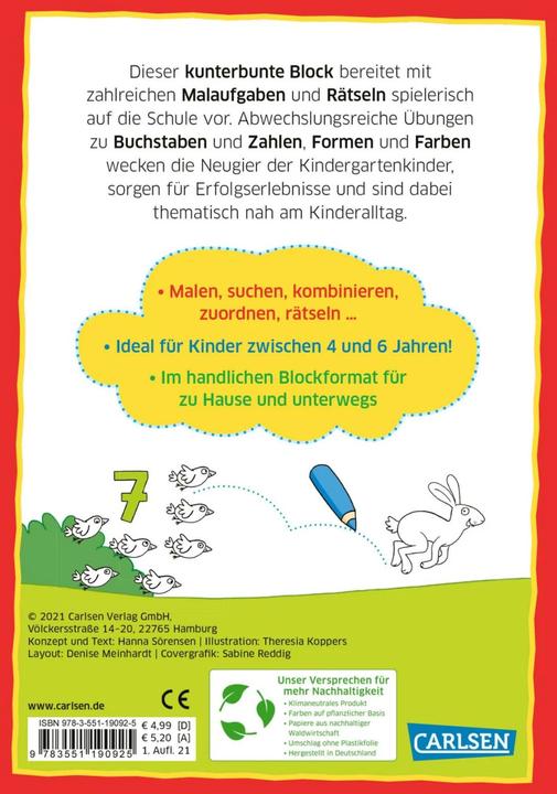 Immagine prodotto Mein bunter Kindergarten-Block: Malspiele und Rätsel (Tedesco, Hanna Sörensen, Theresa Koppers, 2021)