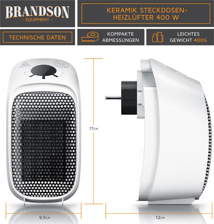 Produktbild Brandson Steckdosen Mini Heizlüfter, Keramikheizlüfter 400W, Badezimmer Heizgerät mit Temperaturregelung (400 W)