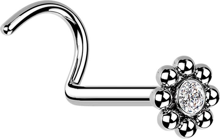 Star Piercing Nasenstecker gebogen silber Blume mit Kugeln und Kristall (ohne Messing, Chirurgenstahl 316L)