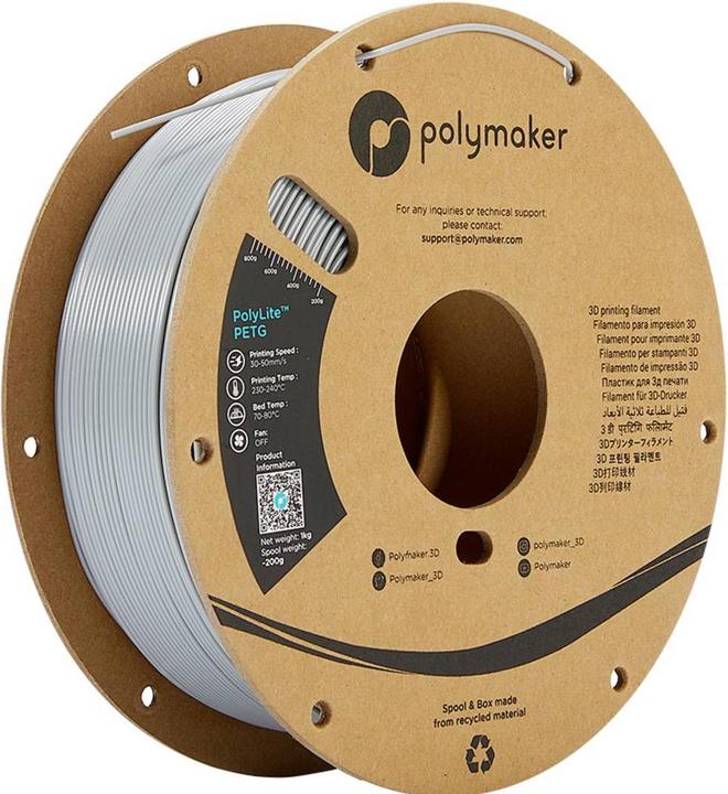 Immagine prodotto Polymaker PolyLite PETG V2 - Grigio - 1,75 mm (PETG, 1.75 mm, 1000 g, Grigio)
