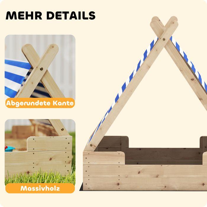 Immagine prodotto Swisshandel24 Sandkasten mit Zeltdach, 120 x 120 cm Sandkiste aus Holz mit Bodenplane Natur
