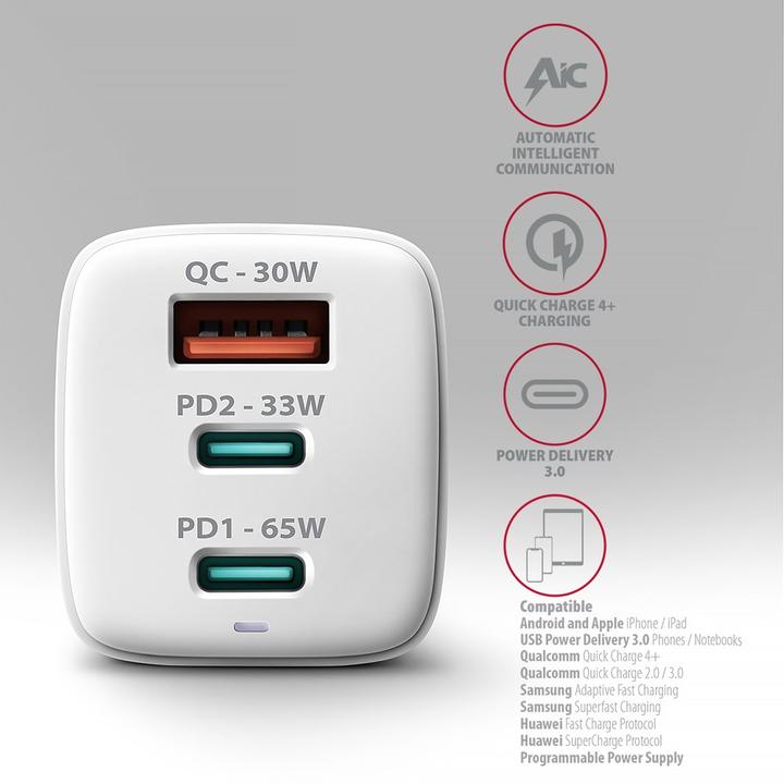 Produktbild Axagon ACU-DPQ65W, GaN nabíječka do sítě, 3x port (USB-A + dual USB-C), PD3.0/QC4+/PPS/Apple (65 W)