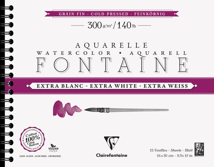 Image du produit Clairefontaine Fontaine, Aquarellpapier extraweiss feinkörnig, Spiralblock 12 Bogen 300g 24x30 cm - (12 x)