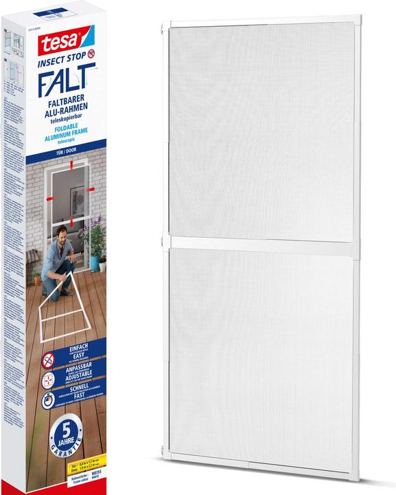 tesa FALT Insektenschutz für Türen, grössenverstellbarer Alu-Rahmen, faltbar (220 x 100 cm)