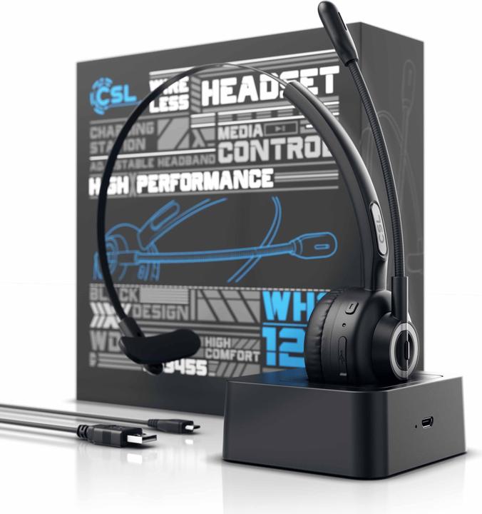 Image du produit CSL Casque sans fil avec station de charge, casque mono sans fil, microphone flexible, réduction du (Sans fil)