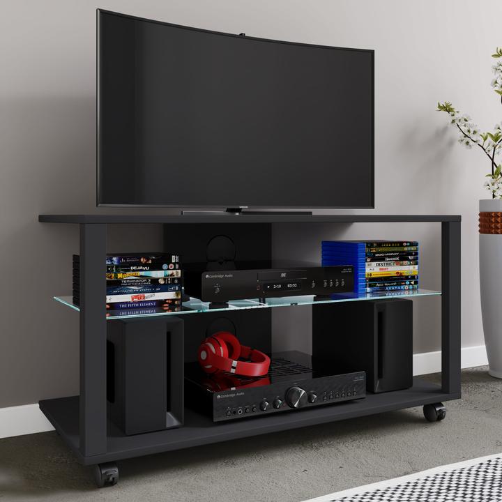 Produktbild VCM Holz TV Lowboard Rollen Fernsehschrank mobil Rack Konsole Möbel Fernsehtisch Fernseh Phono Glas (90 x 41 x 45 cm)