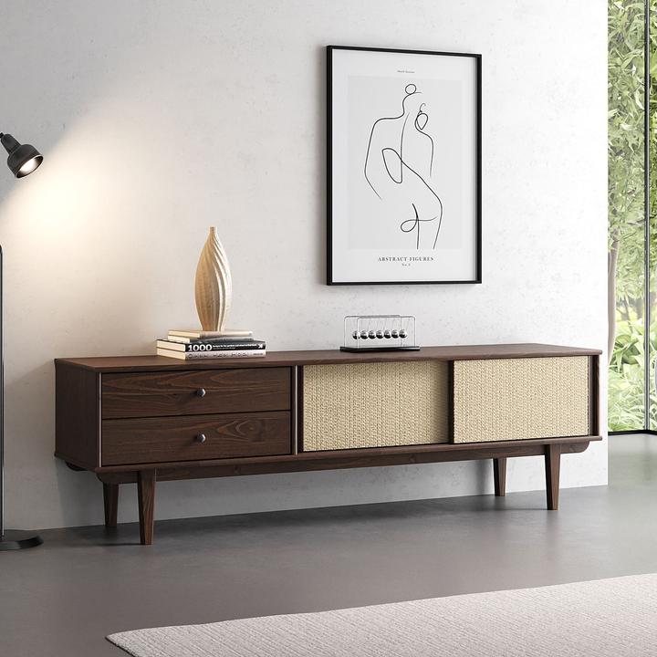 Actual product image IDIMEX Lowboard SIMONA aus Kiefer Massivholz mit Rattangeflecht – Nussbaumoptik