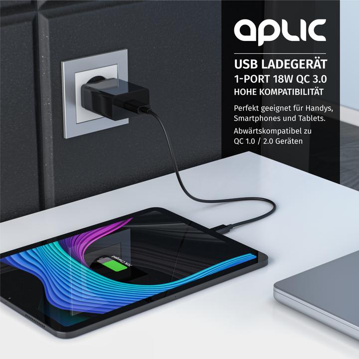 Actual product image Aplic USB charger 3000 mA, Quick Charge 3.0 USB charger 1x USB A QC 3.0 port, max. 3A via QC, black