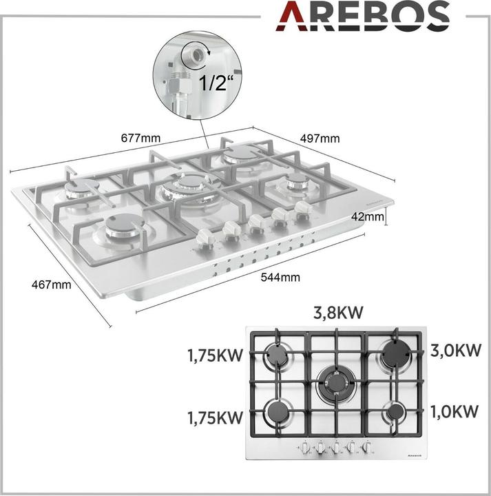 Produktbild Arebos Gasherd Edelstahl 68cm (5 Brenner)
