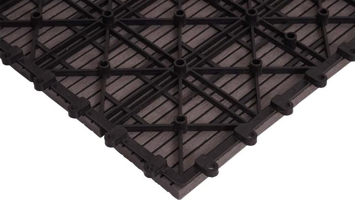 Produktbild Swisshandel24 WPC Eck-Bodenfliese Rhone + Abschluss, Holzoptik Terrasse, 30x30cm Premium Ecke rechts, grau linea (1 x, 30 x 30 cm)