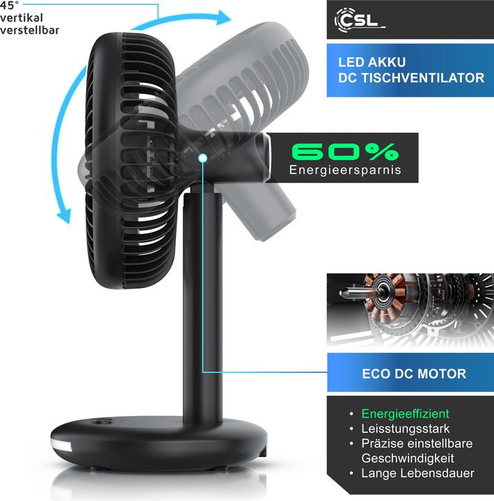 Produktbild CSL Akku Tischventilator, USB Mini Desk Fan, Schreibtischventilator, sehr leise, neigbar, mobiler Lüfter (46.50 dB)