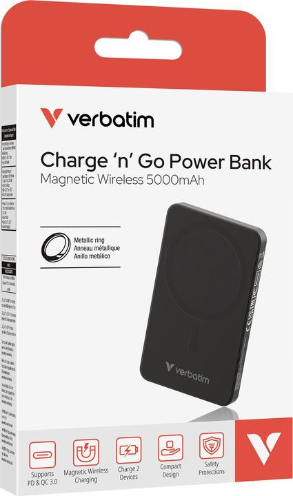 Actual product image Verbatim Charge 'n' Go Essentials Power Bank Magnetic Wireless 5000mAh Black (5000 mAh, 20 W, 18.50 Wh)