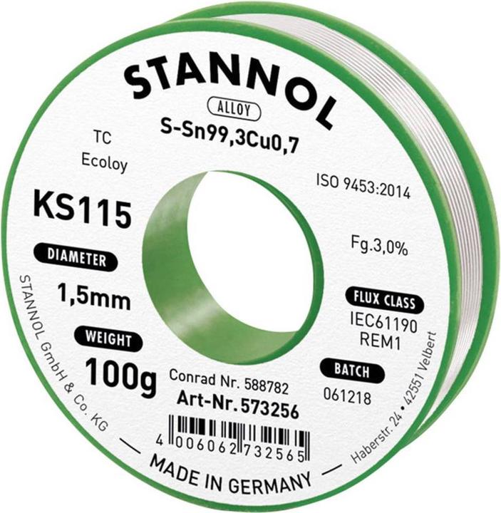 Produktbild Stannol KS115 Lötzinn, bleifrei Spule Sn99,3Cu0,7 ROM1 100 g 1.5 mm (Lötspulenkit)