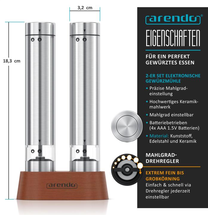 Produktbild Arendo Salz- & Pfeffermühle Elektrisch 2er Set, Gewürzmühlen, Edelstahl, Glasbehälter, Batteriebetrieben (Pfeffer, Kräuter, Salz)