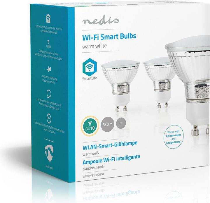 Produktbild Nedis SmartLife-LED-Glühbirne | Wi-Fi | GU10 | 330 lm | 5 W | Warmweiss | 2700 K | Energieklasse: A+ (GU10, 5 W, 330 lm, 3 x, G)