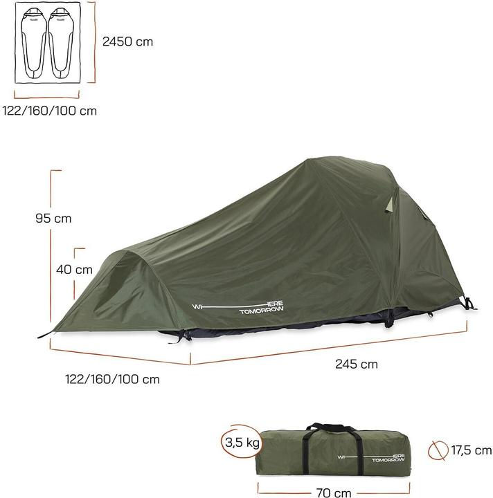Produktbild Where Tomorrow 2 Personen Pop Up Zelt 160 cm x 70 cm, Grün (Wurfzelt, 3.65 kg, 2 Personen)