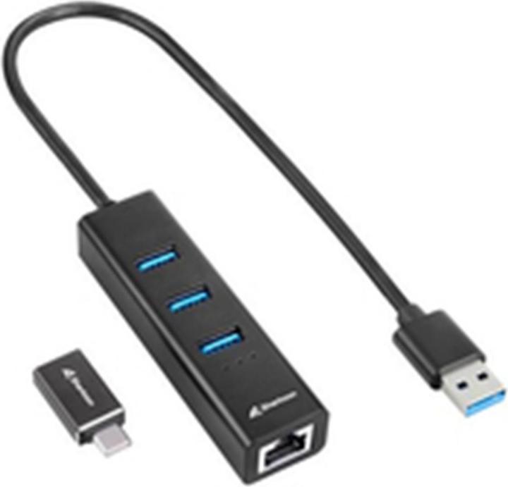 Actual product image Sharkoon HUB 3X USB 3.2 +RJ45 ALU BLACK (USB-C, 3 Ports)
