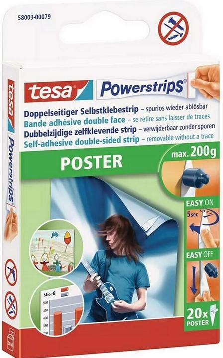 tesa 3x Powerstrips POSTER, 200g Halteleistung, 60x doppelseitige Klebestreifen