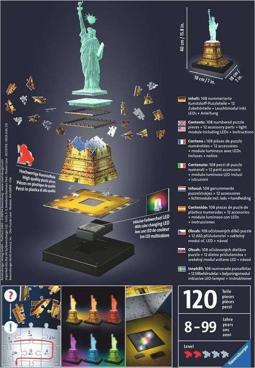Productafbeelding Ravensburger 3D puzzel Vrijheidsbeeld Nacht Editie (108 onderdelen)