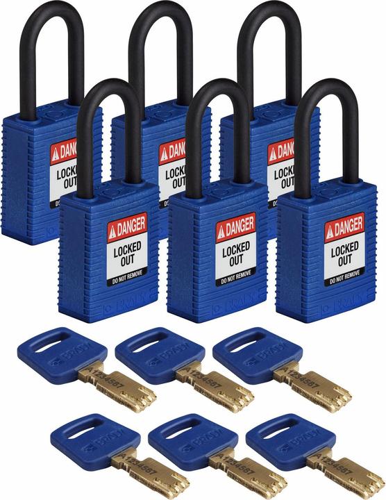 Productafbeelding Brady Safekey nylon veiligheidsslot met nylon beugel, blauw, beugelhoogte 38 mm, beugeldiameter 6,4 mm