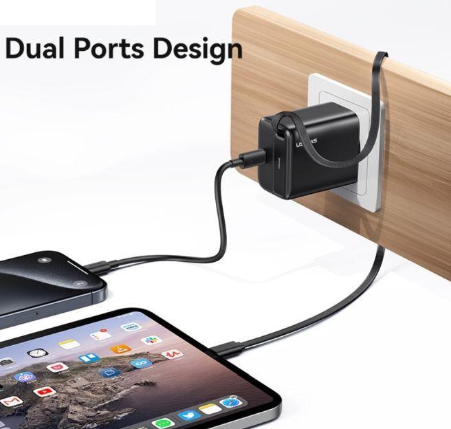 Immagine prodotto Usams Ład. siec. 1xUSB-C ze zwijanym kablem USB-C Retractable PD+QC 30W Gan Fast Charging czarny/bla (30 W)