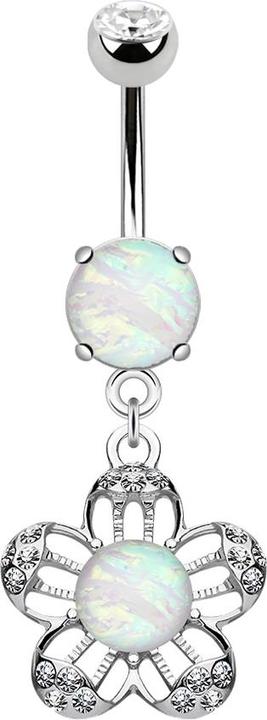 Produktbild Star Piercing Banane silber mit Anhänger Blume mit Kristallen und Opal (Chirurgenstahl 316L, Messing)