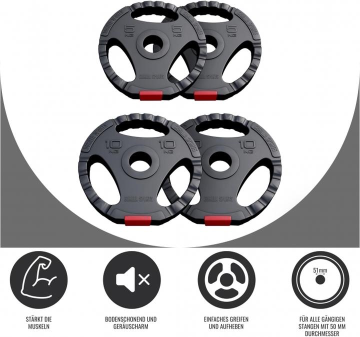 Produktbild Gorilla Sports Hantelscheibenset Olympia 50/51 mm Kunststoff Gripper 30 kg (2 x 10 kg, 2 x 5 kg)