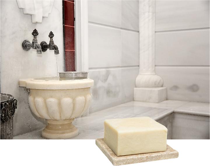 Image du produit Natura Punto Savon pour hammam à l'huile d'olive, avec porte-savon en travertin (Savon dur)